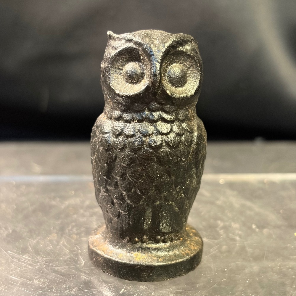 Vintage Cast Iron Owl Figurine Miniature Rustic Metal Bird Statue 2.75 Inch